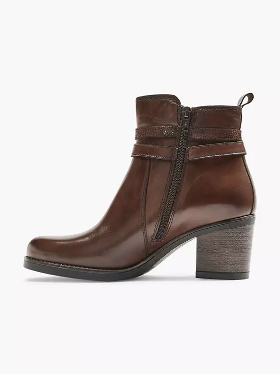 5th Avenue  Brown Leather Heeled Ankle Boot With Strap Buckle Detail