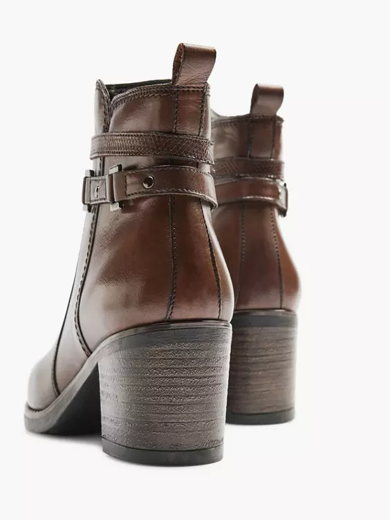 5th Avenue  Brown Leather Heeled Ankle Boot With Strap Buckle Detail