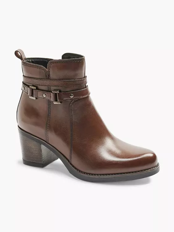 5th Avenue  Brown Leather Heeled Ankle Boot With Strap Buckle Detail