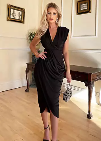 AX Paris Black Wrap Draped Midi Dress | Grattan