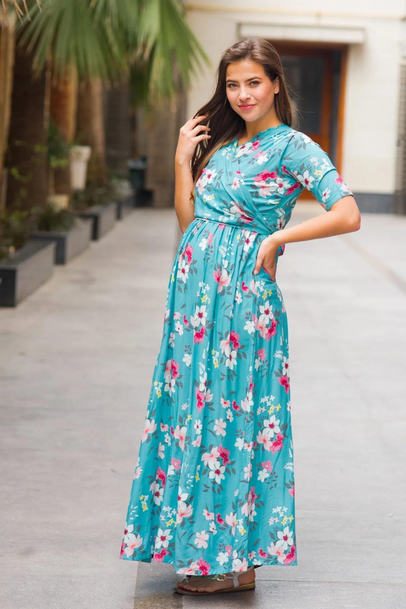 Baby Blue Floral Maternity & Nursing Wrap Dress