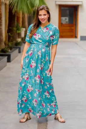 Baby Blue Floral Maternity & Nursing Wrap Dress