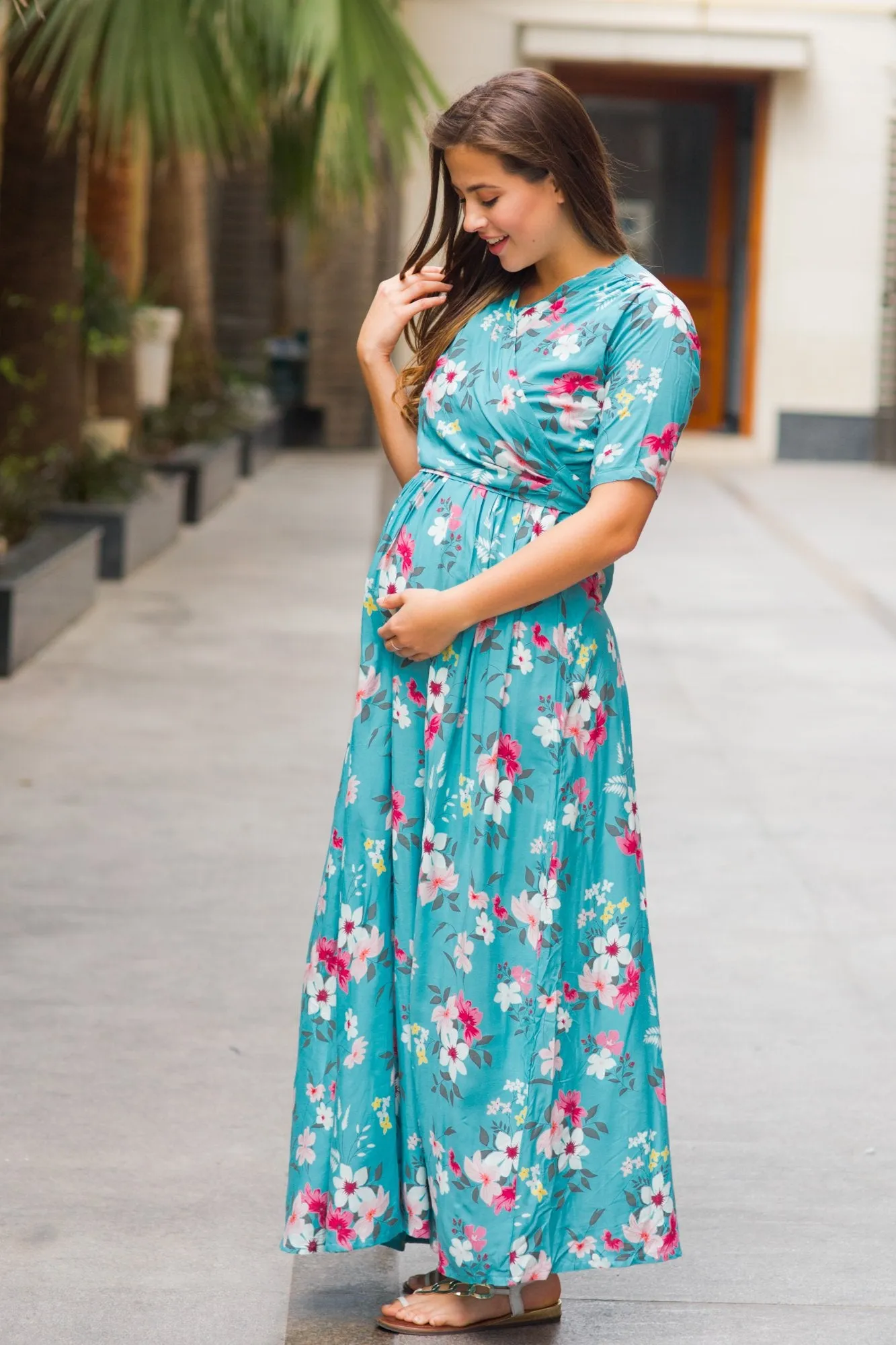 Baby Blue Floral Maternity & Nursing Wrap Dress