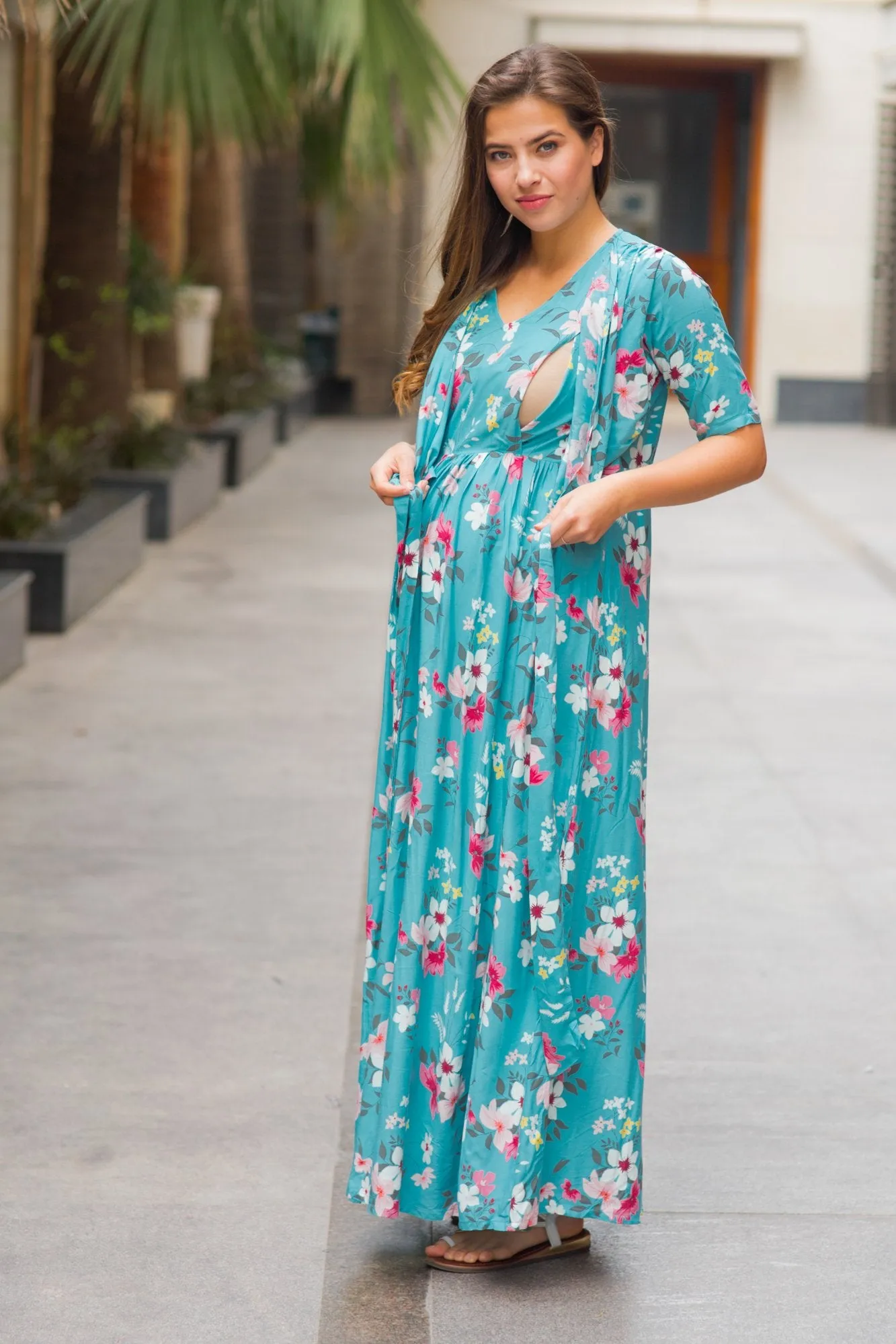 Baby Blue Floral Maternity & Nursing Wrap Dress