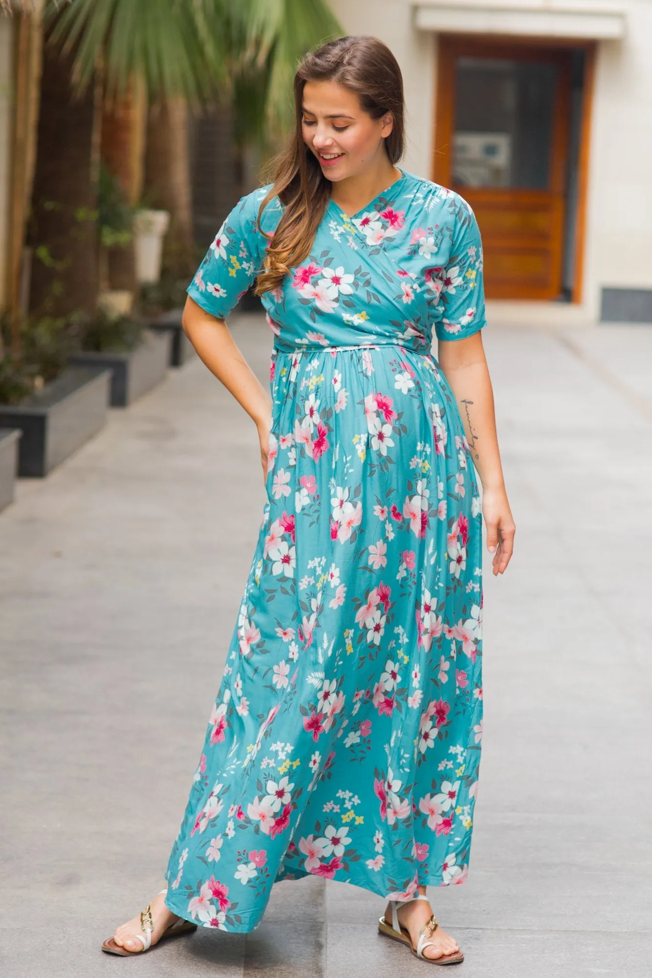 Baby Blue Floral Maternity & Nursing Wrap Dress