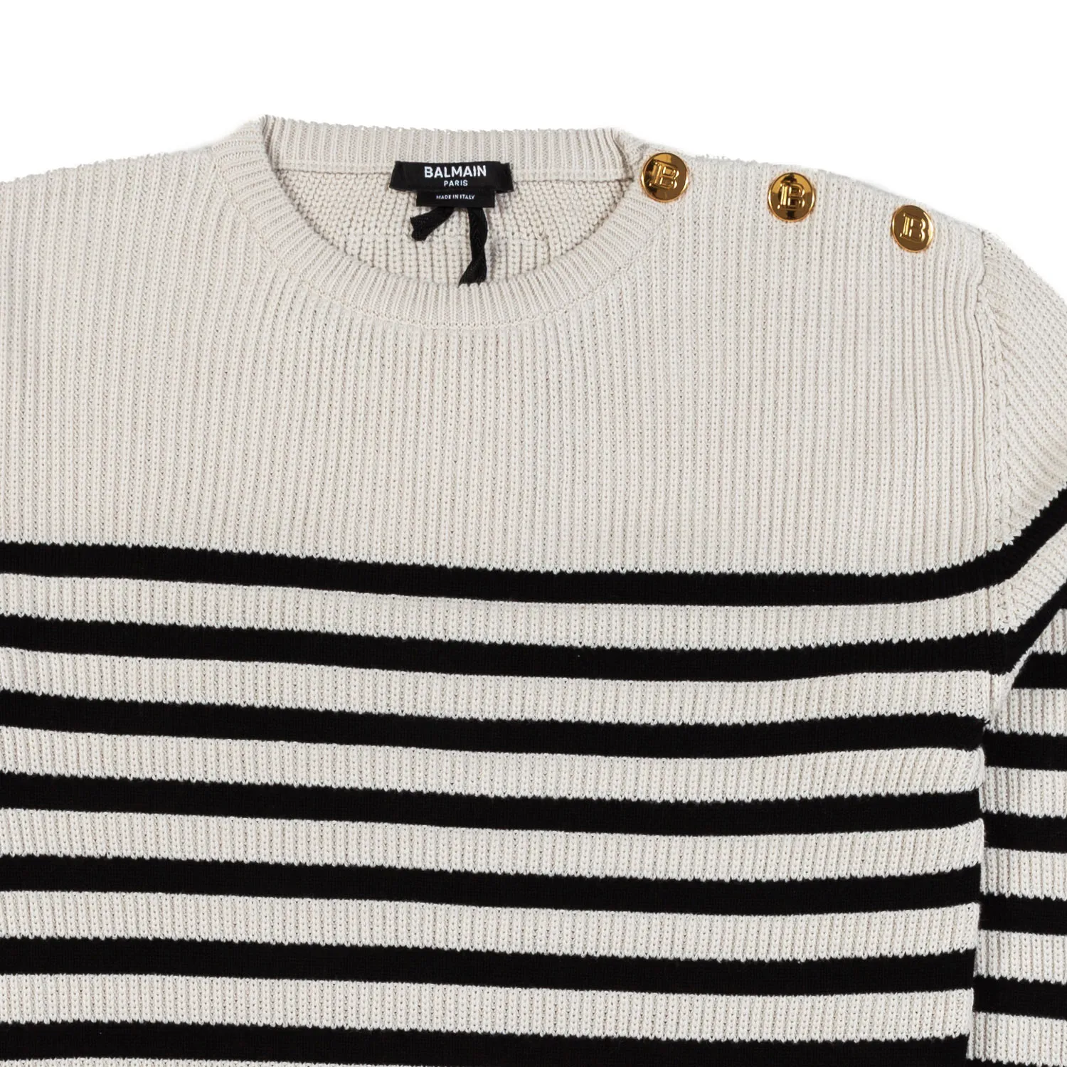 Balmain Ecru Pullover With Black Stripes And Gold Buttons