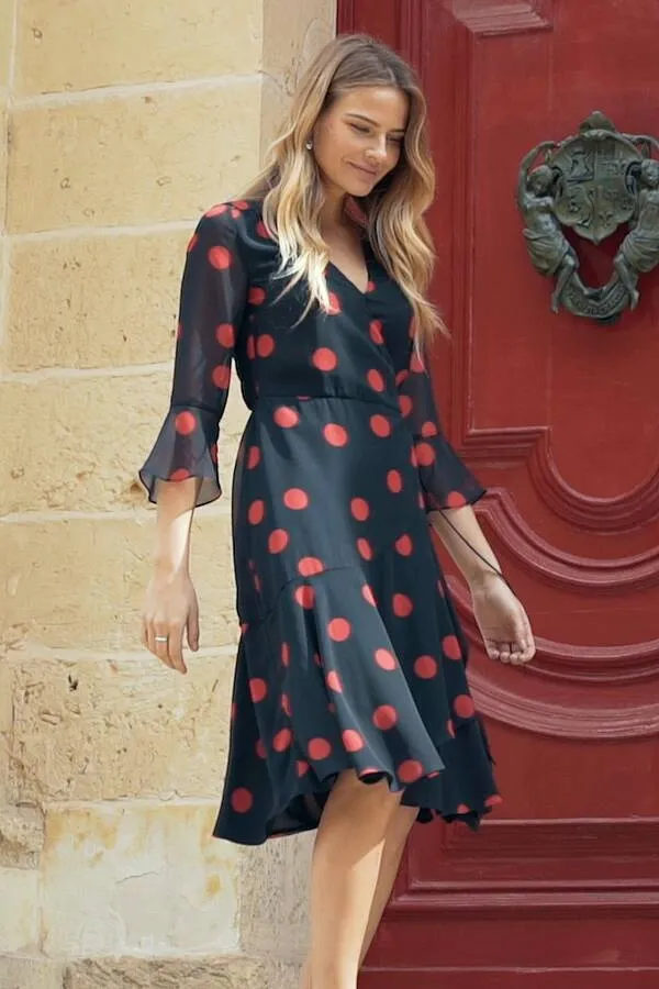 Black & Red Spot Print Wrap Dress