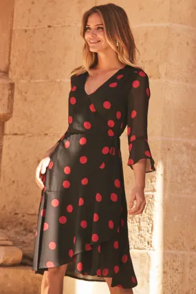 Black & Red Spot Print Wrap Dress