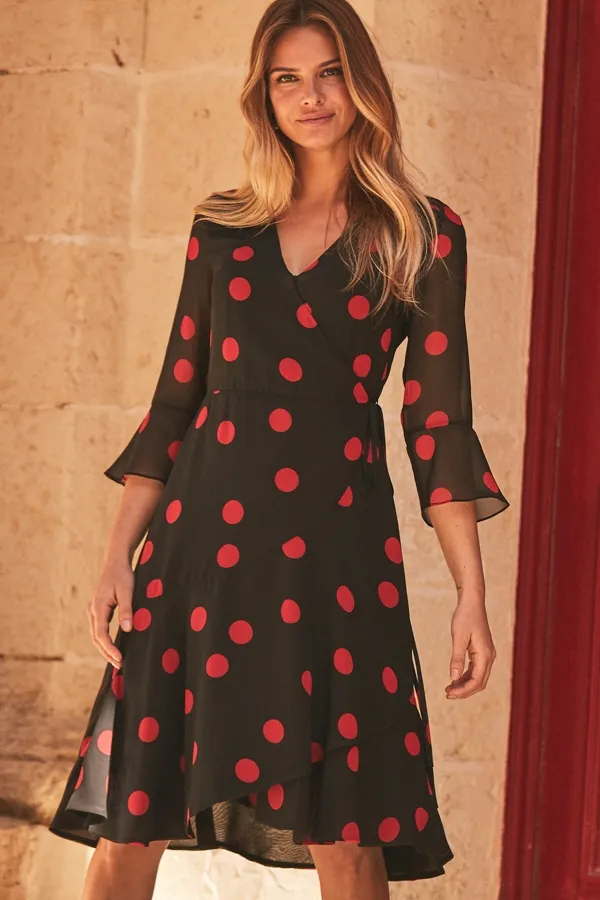 Black & Red Spot Print Wrap Dress