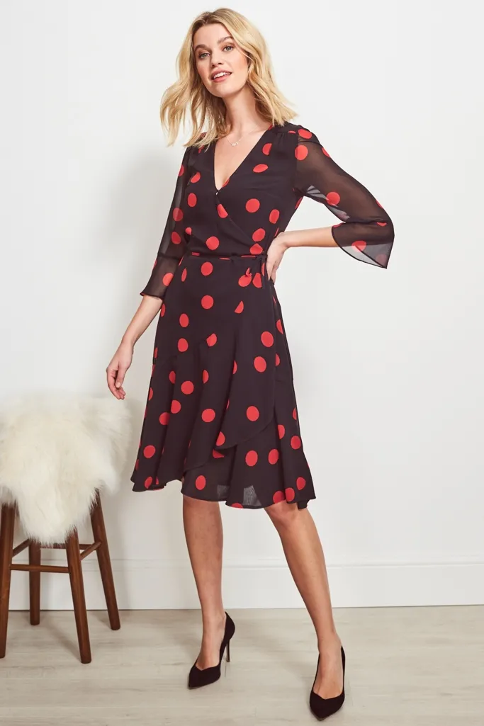 Black & Red Spot Print Wrap Dress