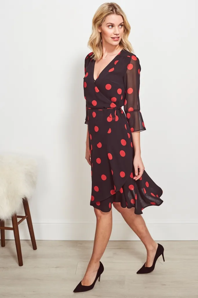 Black & Red Spot Print Wrap Dress