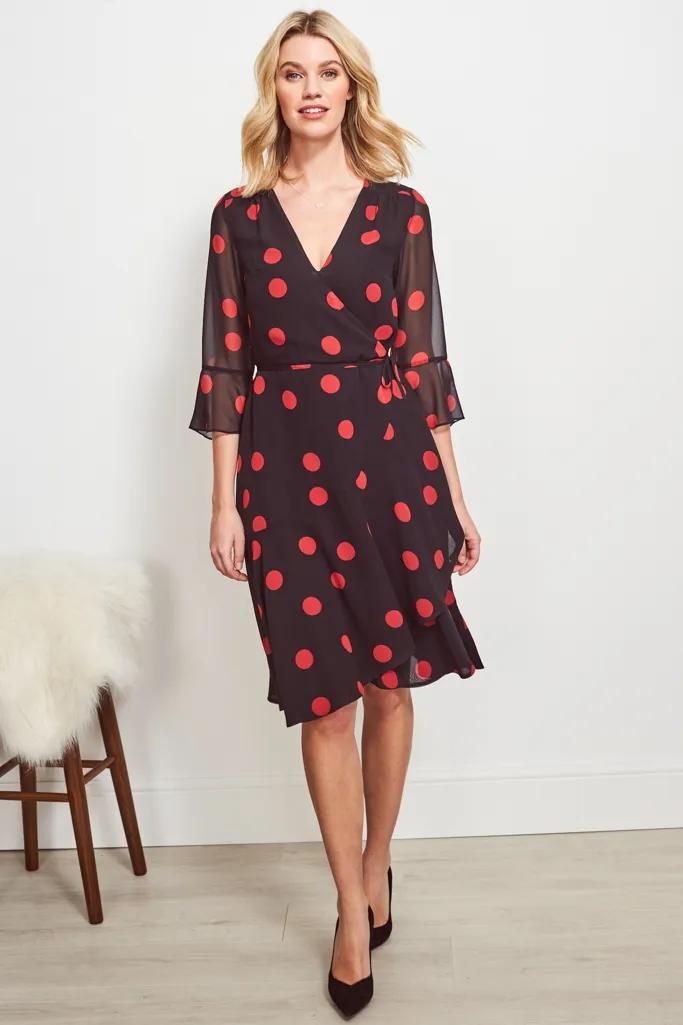 Black & Red Spot Print Wrap Dress