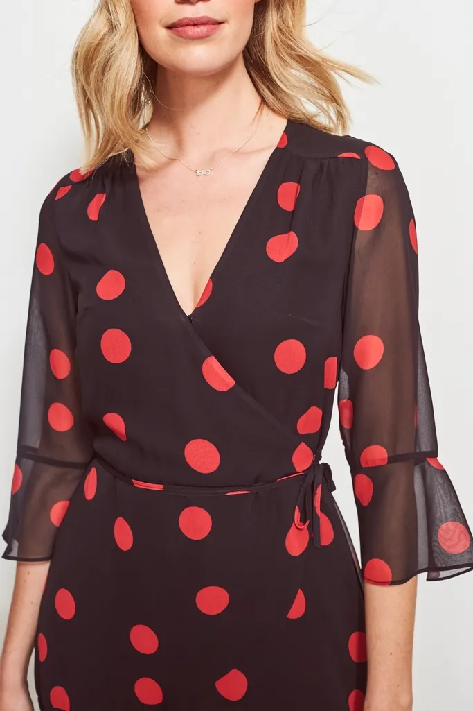 Black & Red Spot Print Wrap Dress