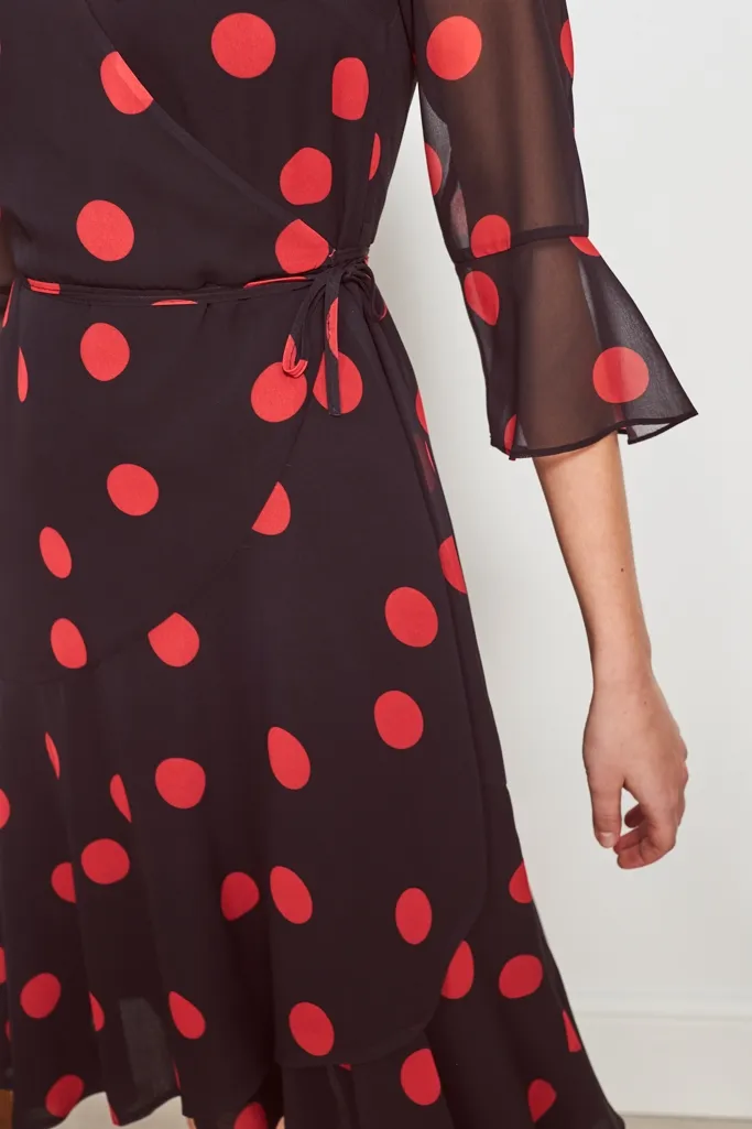 Black & Red Spot Print Wrap Dress