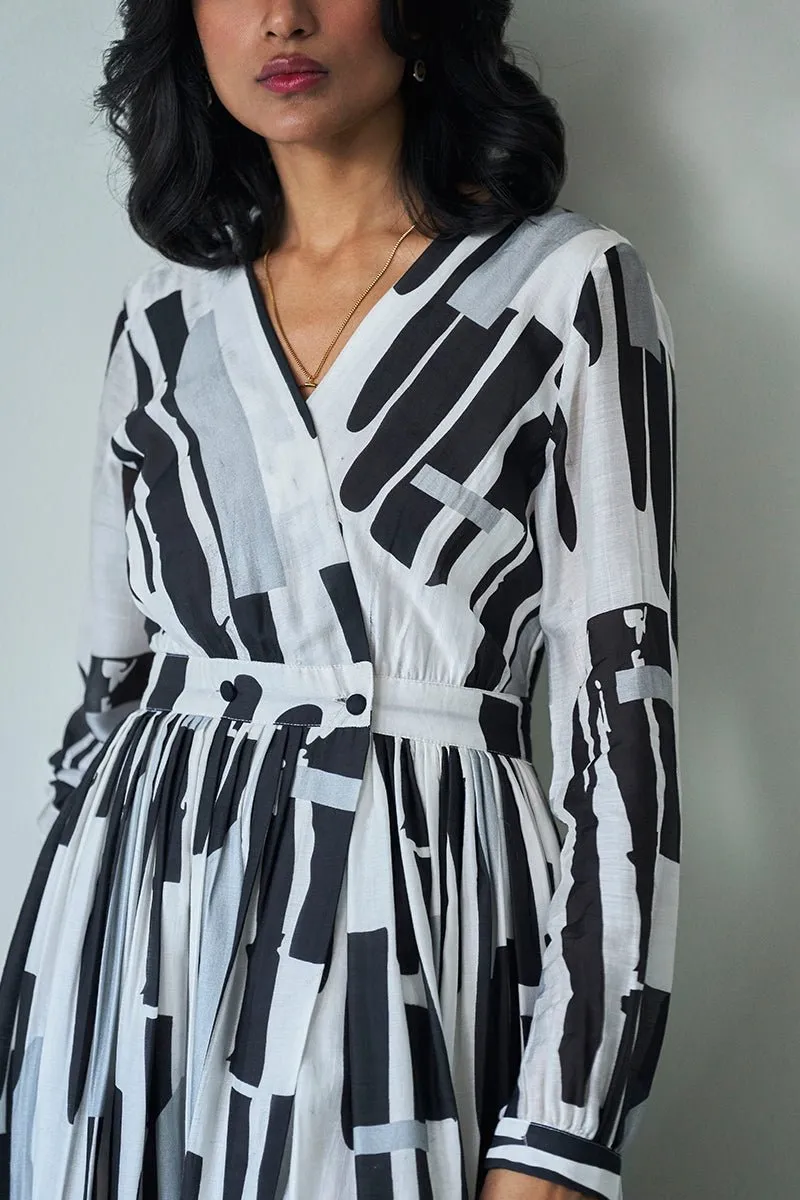 Black and White Wrap-around Bemberg Silk Dress