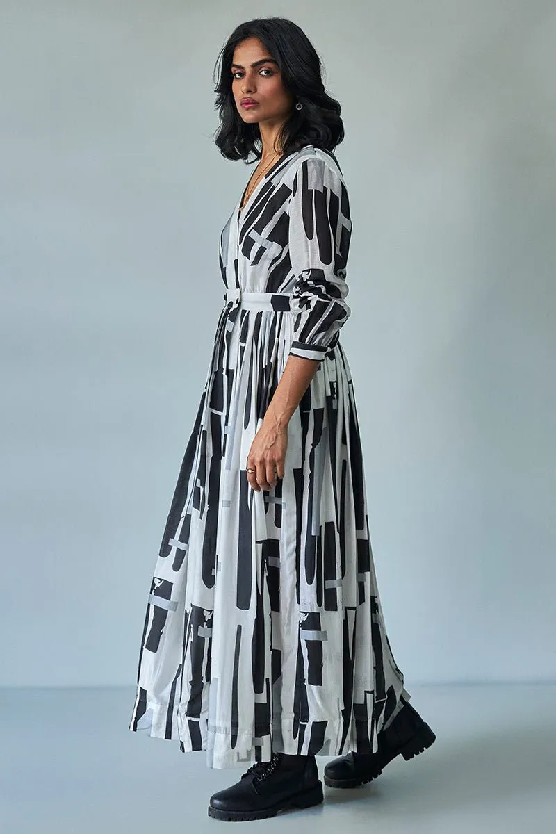 Black and White Wrap-around Bemberg Silk Dress