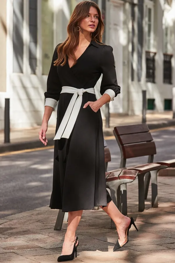 Black Contrast Trim Belted Midi Jersey Wrap Dress