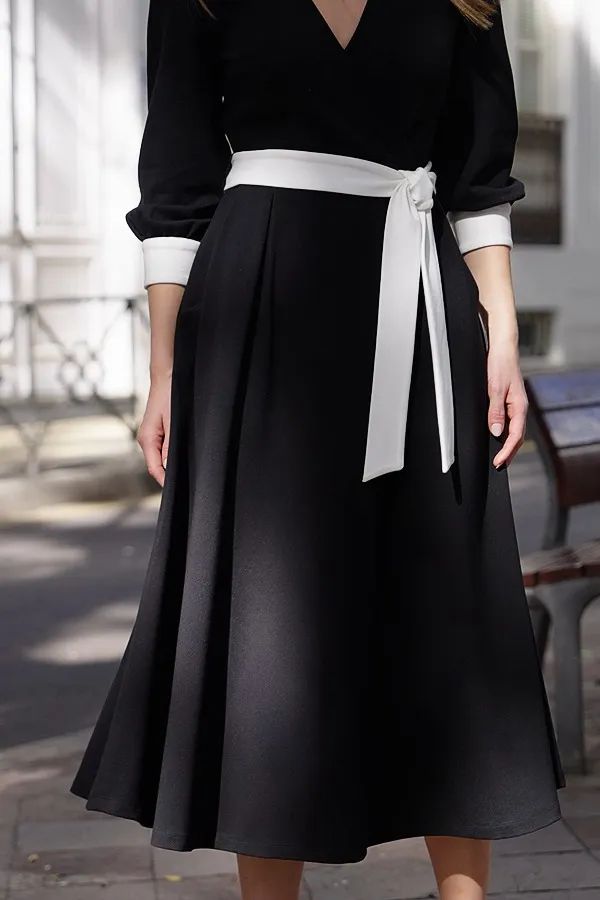 Black Contrast Trim Belted Midi Jersey Wrap Dress