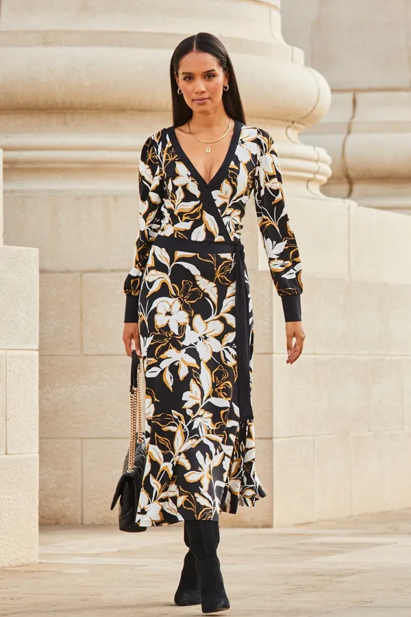 Black Floral Print Contrast Trim Midi Wrap Dress