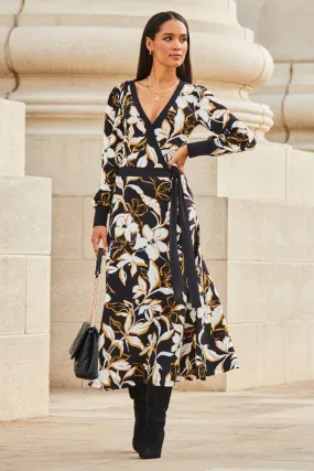 Black Floral Print Contrast Trim Midi Wrap Dress