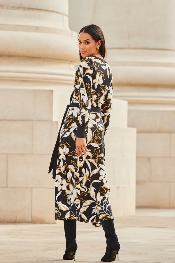 Black Floral Print Contrast Trim Midi Wrap Dress