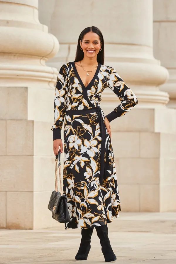 Black Floral Print Contrast Trim Midi Wrap Dress