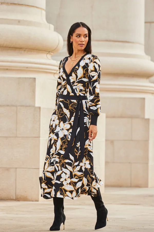 Black Floral Print Contrast Trim Midi Wrap Dress