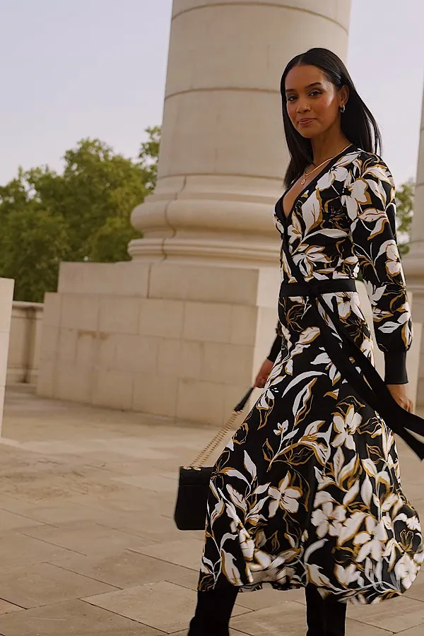 Black Floral Print Contrast Trim Midi Wrap Dress