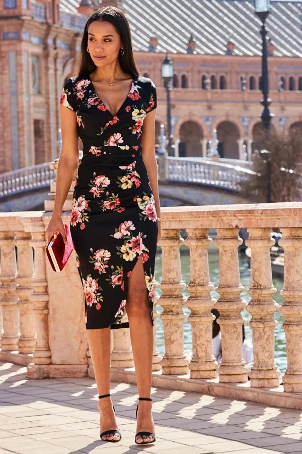 Black Floral Print Faux Wrap Midi Jersey Dress