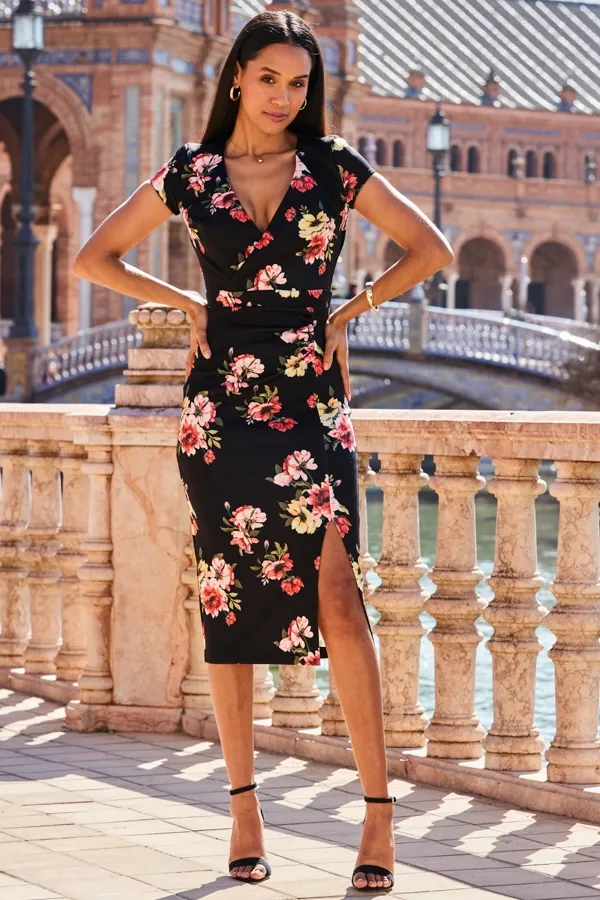 Black Floral Print Faux Wrap Midi Jersey Dress