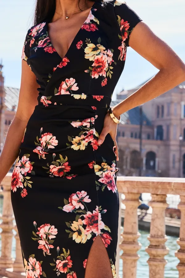 Black Floral Print Faux Wrap Midi Jersey Dress