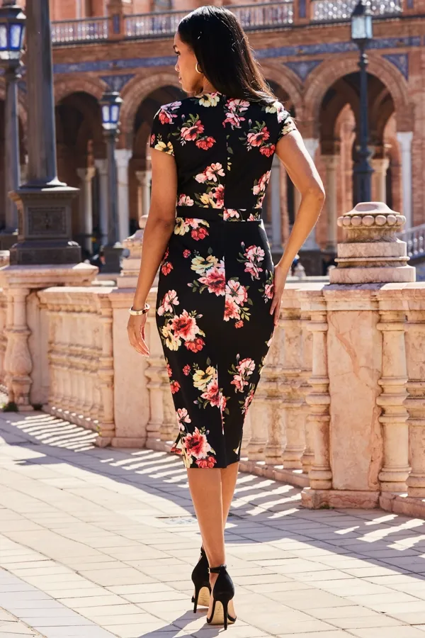 Black Floral Print Faux Wrap Midi Jersey Dress