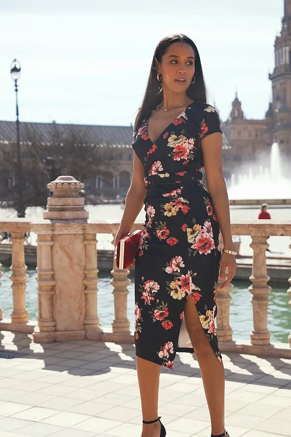 Black Floral Print Faux Wrap Midi Jersey Dress