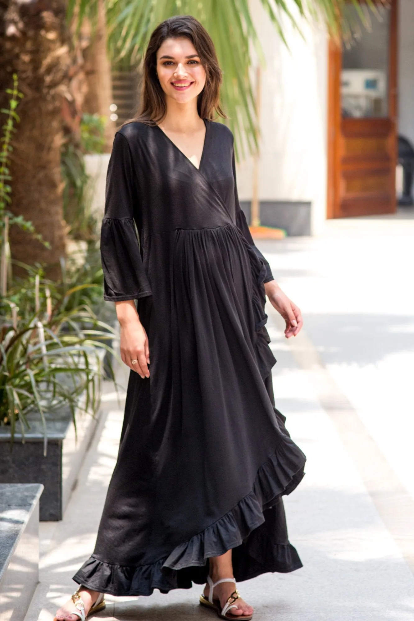 Black Lycra Maternity & Nursing Frill Wrap Dress