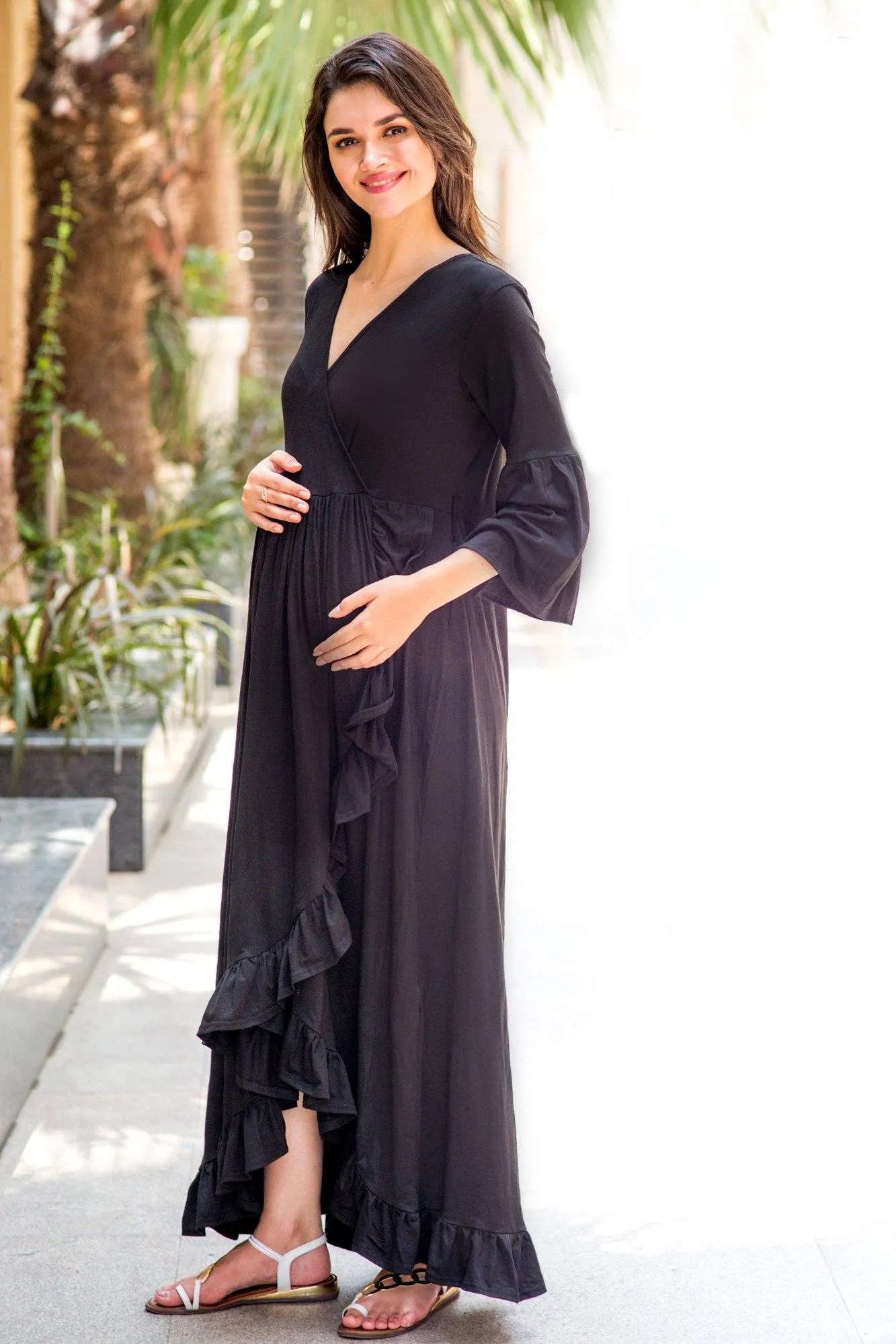 Black Lycra Maternity & Nursing Frill Wrap Dress