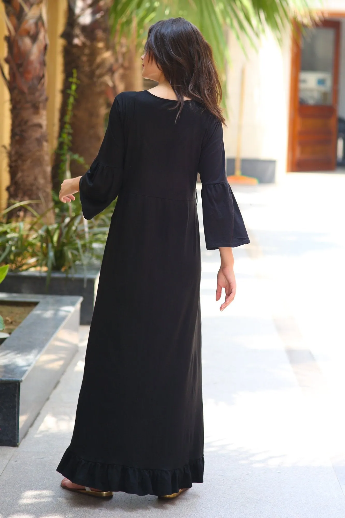 Black Lycra Maternity & Nursing Frill Wrap Dress