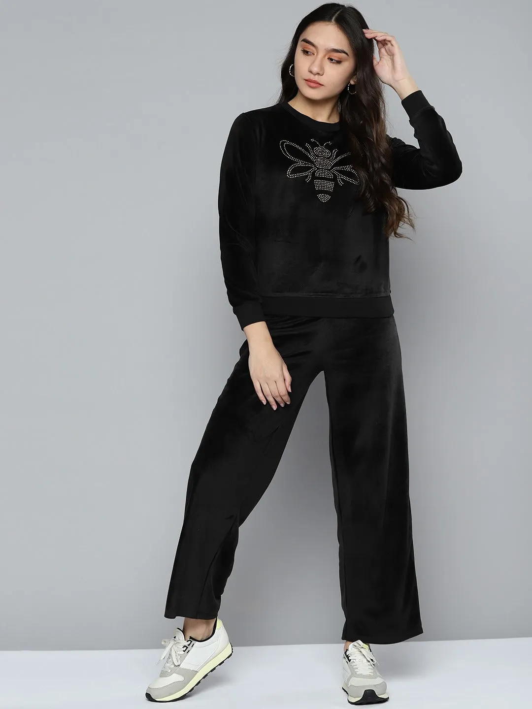 Black Velour Wide Leg Track Pants