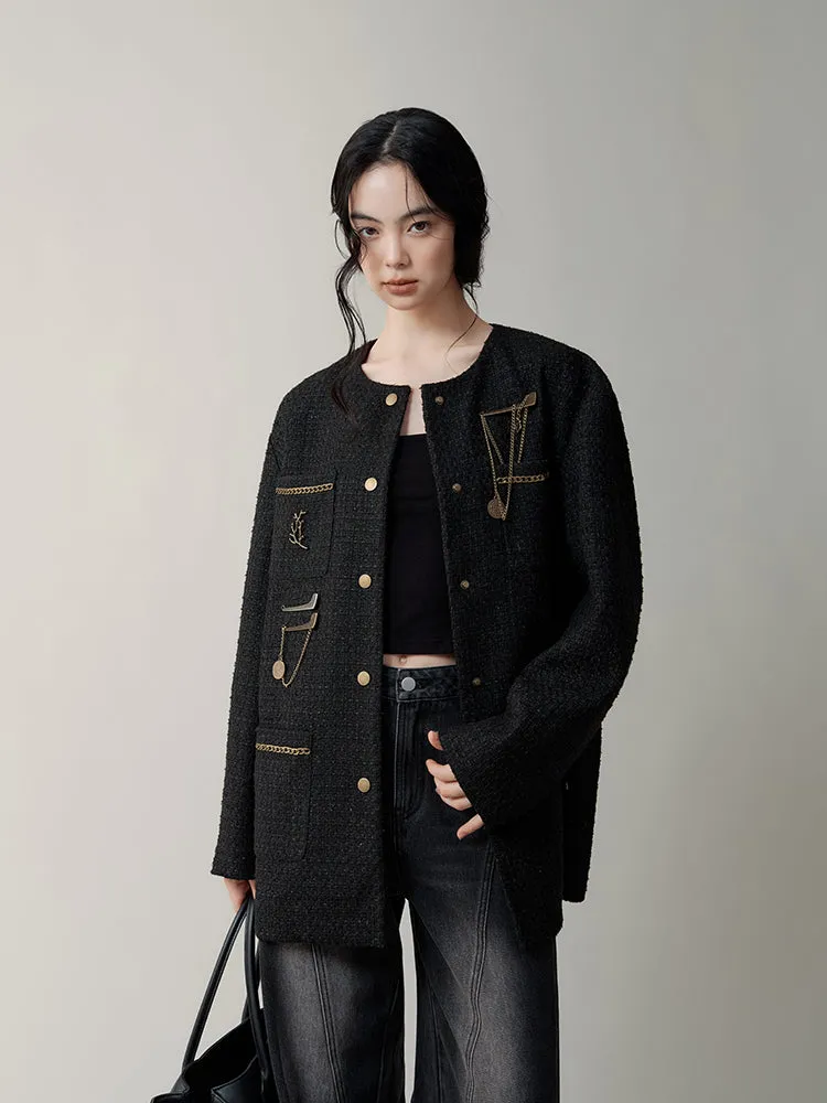 Blended Yarn Texture Chain Accent No-Collar Jacket