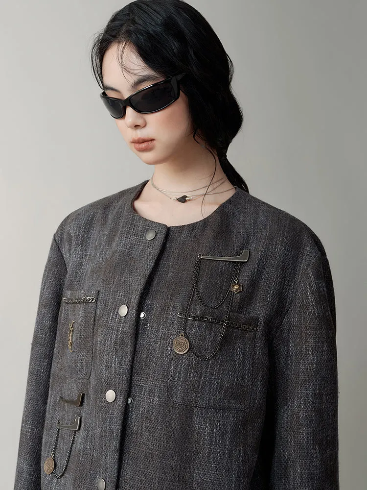 Blended Yarn Texture Chain Accent No-Collar Jacket