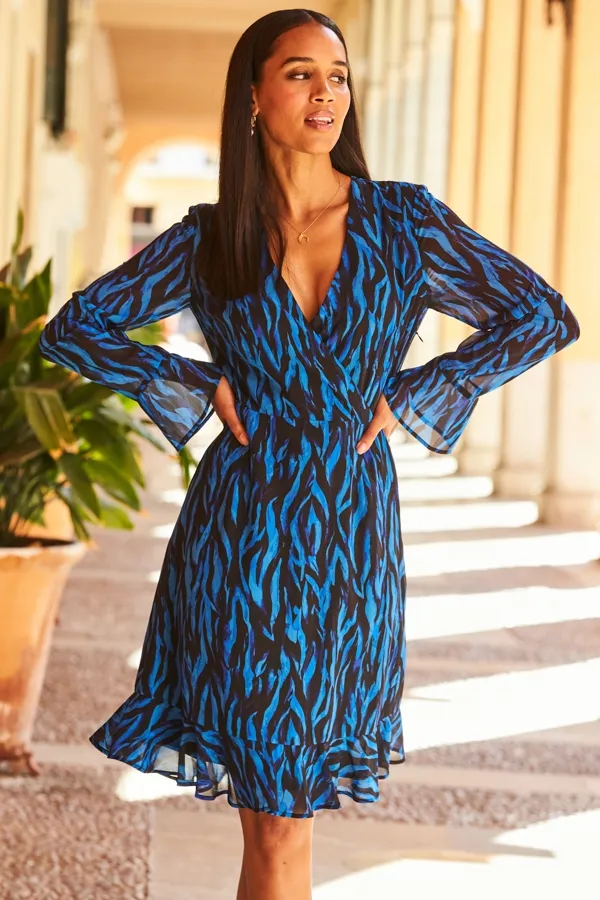 Blue & Black Zebra Print Wrap Front Dress