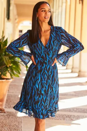 Blue & Black Zebra Print Wrap Front Dress