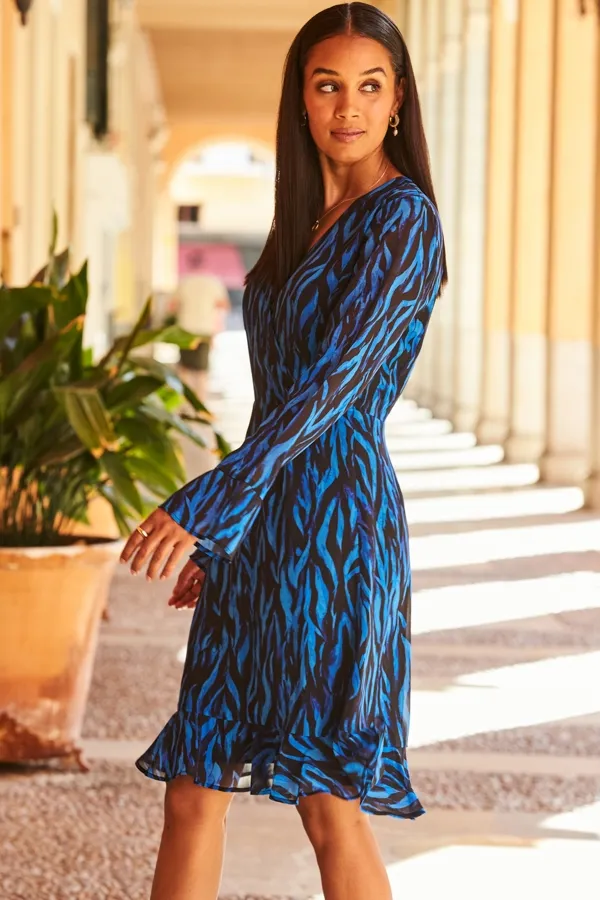 Blue & Black Zebra Print Wrap Front Dress