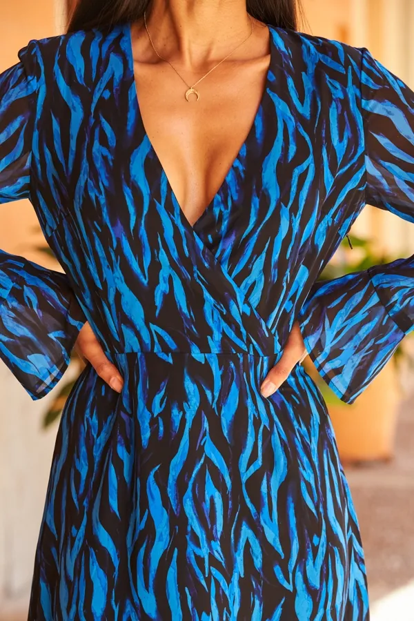 Blue & Black Zebra Print Wrap Front Dress