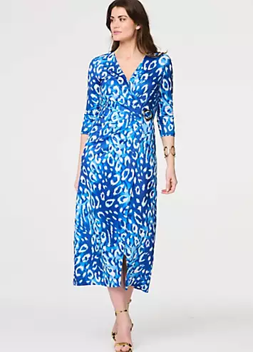 Blue Animal Print Three-Quarter Sleeve Midi Wrap Dress by Izabel London | Look Again