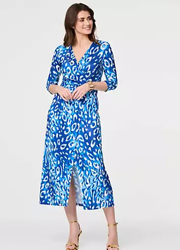 Blue Animal Print Three-Quarter Sleeve Midi Wrap Dress by Izabel London | Look Again