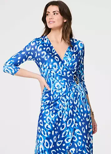 Blue Animal Print Three-Quarter Sleeve Midi Wrap Dress by Izabel London | Look Again