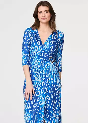 Blue Animal Print Three-Quarter Sleeve Midi Wrap Dress by Izabel London | Look Again