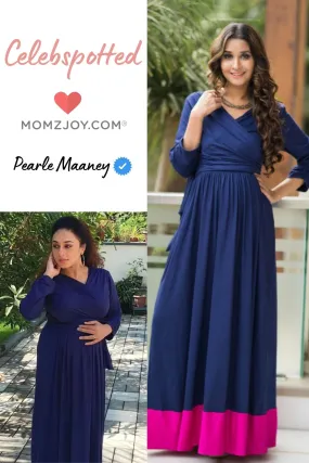 Blue Contrast Front Wrap Maternity & Nursing Dress