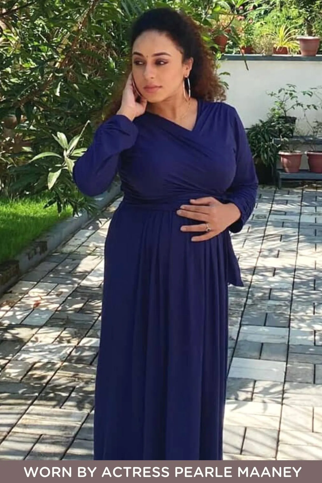 Blue Contrast Front Wrap Maternity & Nursing Dress