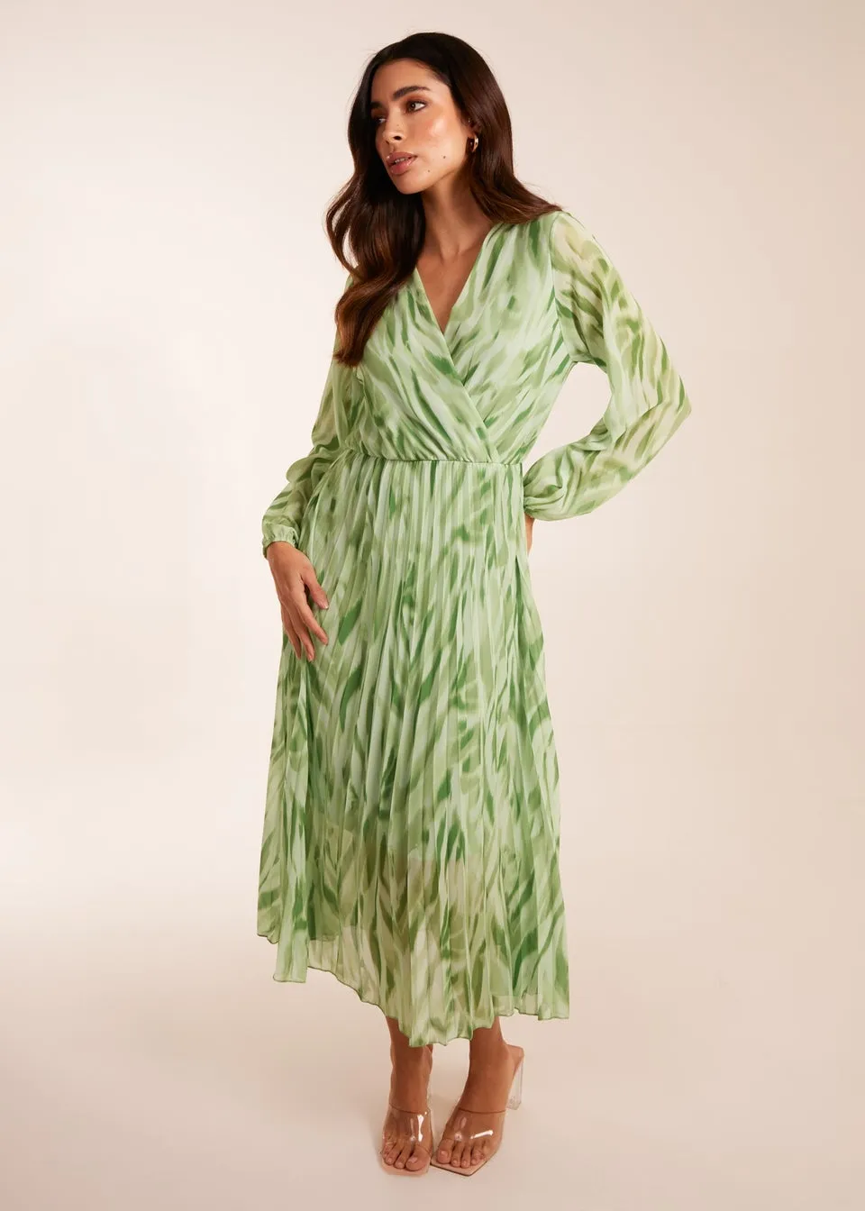 Blue Vanilla Green Abstract Wrap Pleated Midi Dress